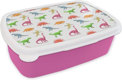 Broodtrommel Roze - Lunchbox - Brooddoos - Patronen - Dino - Kinderen - Jongens - Kleuren - Kids - Jongen - 18x12x6 cm - Kinderen - Meisje