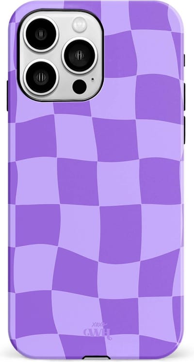 xoxo Wildhearts Violet Vibes - Double Layer - Hoesje geschikt voor iPhone 13 Pro Max case - Siliconen hoesje met golvenprint - Golvende blokjes - Geblokt - Hardcover - Beschermhoes - Optimale bescherming - Paars
