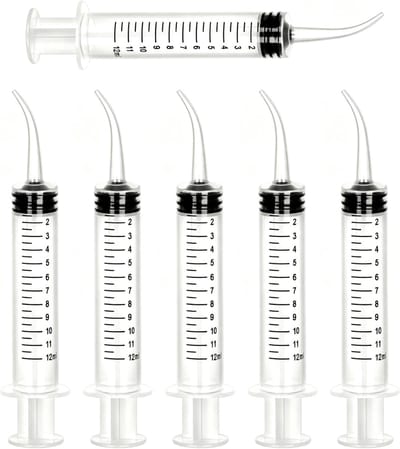 Tandreinigingsspuit, set van 6 stuks, zachte reiniging voor tandvleeszakken en wijsheidstanden, gebogen punt, 12 ml met schaal