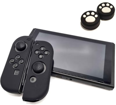 Gadgetpoint - Hoesjes & Skins + Thumb Grips voor Nintendo Switch 1 - Performance Gaming Case - Soft Grip Covers - Anti-Slip Joy-Con Controller Accessoires - Zwart + Pootjes Zwart met Wit DIK