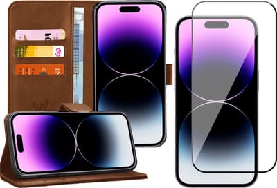 Hoesje geschikt voor iPhone 14 Pro - Book Case Kunstleer Wallet Cover Portemonnee Pasjeshouder Hoes Bruin - Full Tempered Glass Screenprotector