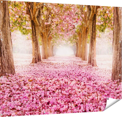 Gards Tuinposter Romantische Bomen Tunnel met Roze Anjers - 150x120 cm - Tuindoek - Tuindecoratie - Wanddecoratie buiten - Tuinschilderij