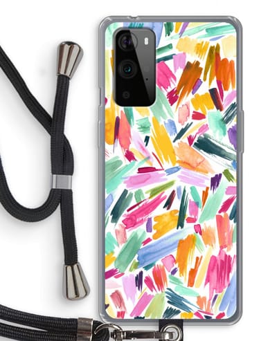 Case Company® - Hoesje met koord geschikt voor OnePlus 9 Pro hoesje met Koord - Watercolor Brushstrokes - Telefoonhoesje met Zwart Koord - Bescherming aan alle Kanten en Over de Schermrand