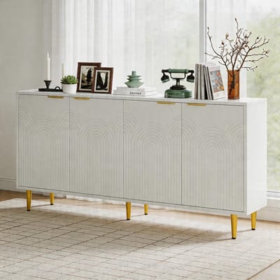 Komhtom - Witte sideboard voor de woonkamer - ladekast met 4 deuren, gouden geborstelde handgrepen en hoogglans tafelpoten - afmetingen 160×80×40 cm (B×H×D)