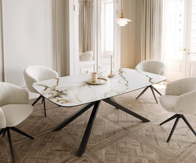 Eetkamertafel Edge wit-goud-grijs Boot keramiek Calacatta Luxe 200x100 kruisframe rechthoek zwart