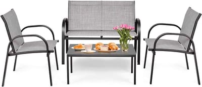 Balkonset 4 personen - Tuinset - Bistroset - Donkergrijs - Weerbestendig - 4 delig - Tuintafel en 4 stoelen - 4 personen - Ijzer - Onderhoudsvrij staal