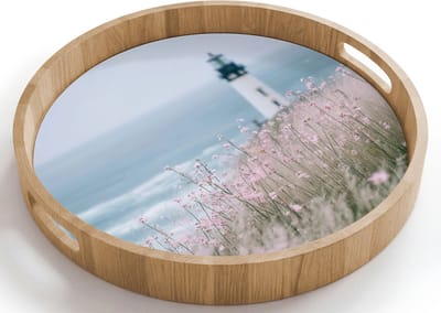 Dienblad rond 40x40 cm - Schootdienblad hout - Vuurtoren - Klif - Zee - Bloemen - Borrelplank rechthoek - Plateau houten dienbladen