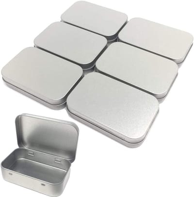 Set van 6 metalen tinnen opbergdozen, rechthoekige kleine blikken voor pillen, oordopjes en kabels, ideaal voor thuisorganisatie en reizen