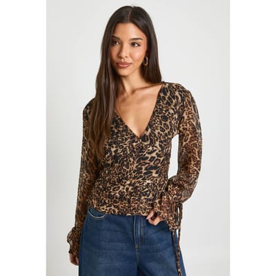boohoo Dames Luipaard Chiffon Blouse met Strikbandjes aan de Manchetten | Luipaardprint | Maat: 34