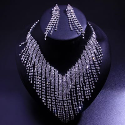 3-delige Bruiloftsseizoen Damesmode Koperen Klauwketting Lange Kwast Ketting Oorbellen Sieraden Set Banket Feest Vakantie Cadeau-8940 blue