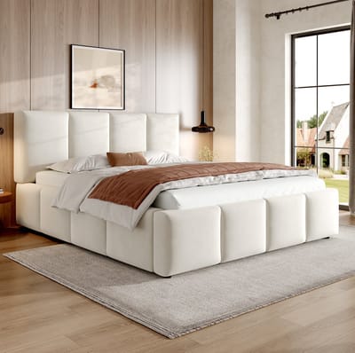 MIVRAY Gestoffeerd Bed 180x200 cm - Tweepersoonsbed Met Lattenbodem En Gevoerd Hoofdbord - Zonder Matras - Chenille - Beige