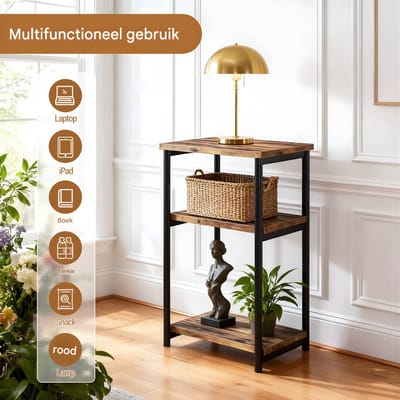 Smal Bijzettafeltje 3-Laags - Voor Slaapkamer & Woonkamer - Houten Nachtkastje met Opbergplank en Metalen Frame - Grijs