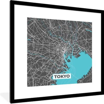 Fotolijst incl. Poster - Tokyo - Blauw - Stadskaart - Kaart - Plattegrond - 40x40 cm - Posterlijst