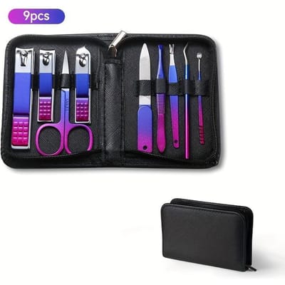 Ensemble de 9 coupe-ongles, Outils de soin des ongles en acier inoxydable, Kit de ciseaux à ongles, Avec pochette zippée 9pcs/set black