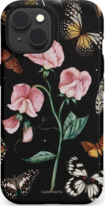 Casetastic hoesje geschikt voor Apple iPhone 15 - MagSafe - Dubbellaagse bescherming - Vleugels en bloemen - Fashion Case - Zwart Grijs Taupe