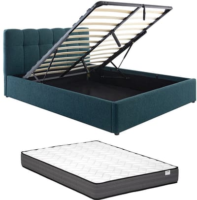 Vente-unique Bed met opbergruimte stof groenblauw 160 x 200 cm