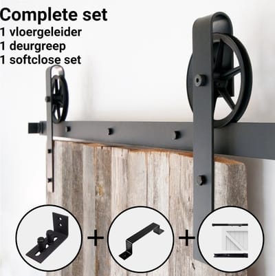 Barnwood Spaakwiel Industrieel - Schuifdeursysteem - Complete set inclusief Deurgreep - Softclose - Deurbeleider - 200cm rail