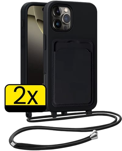 Hoesje Geschikt voor iPhone 16 Pro Telefoonhoesje Met Koord Case Pashouder Siliconen - Hoes Geschikt voor iPhone 16 Pro Hoesje Met Kaarthouder - Zwart - 2 Stuks