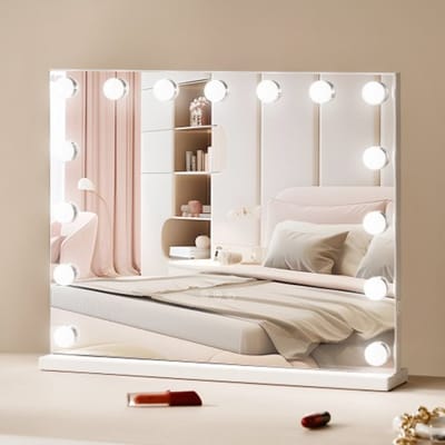 VEVOR Hollywood Vanity Mirror met verlichting, 15 dimbare lampen en 3 kleurverlichtingsstanden, cosmetische spiegel met verwijderbare 5x vergroting, USB-poort, slimme aanraakbediening, 580x458mm