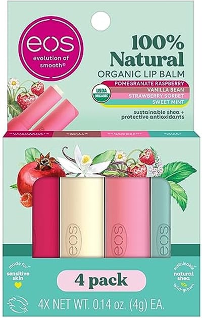 eos 100% Natural & Organic Lip Balm Sticks- Strawberry Sorbet - Vanilla Bean, Sweet Mint & Pomegranate Raspberry, Lip Care Products