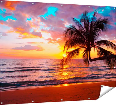 Gards Tuinposter Tropisch Strand tijdens Zonsondergang - 160x120 cm - Tuindoek - Tuindecoratie - Wanddecoratie buiten - Tuinschilderij