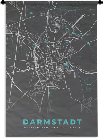 Wandkleed - Wanddoek - Darmstadt – Stadskaart – Blauw – Plattegrond – Stadskaart – Kaart - Duitsland - 120x180 cm - Wandtapijt