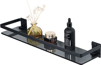 Stevige Wandplank van Veiligheidsglas voor Badkamer, 50CM met Railing, Zwart Mat, 7MM Dikte, Ideaal voor Opslag en Decoratie