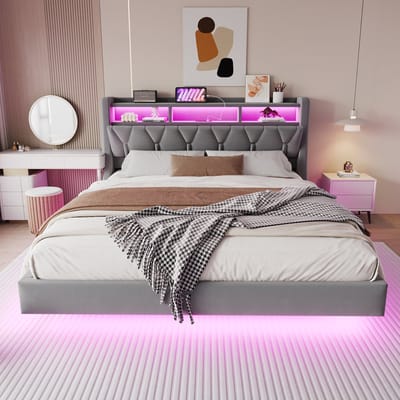 Gestoffeerd bed 180x200 cm - met stopcontact en opbergruimte - LED-verlichting - verbrede bedpoten - lichtgrijs - zonder matras