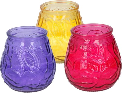 Arti Casa 6x stuks Citronella Lowboy tafelkaarsen 10 cm geel-rood-paars glas