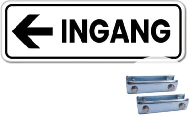 Bord ingang pijl links - Weerbestendig Aluminium - 40x15 cm - Bevestiging: Met hekbeugels (voor spijlen- of gaashek)