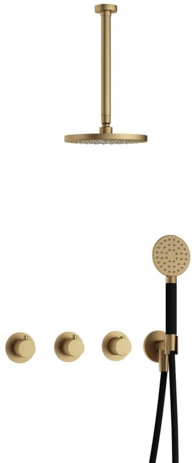 Hotbath Cobber IBS70 inbouw regendoucheset met ronde handdouche aan houder en 20cm ronde hoofddouche aan 30cm plafondarm geborsteld messing