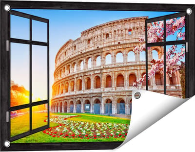 Gards Tuinposter Doorkijk Colosseum bij Zonsopgang in Rome, Italië - 60x40 cm - Tuindoek - Tuindecoratie - Wanddecoratie buiten - Tuinschilderij