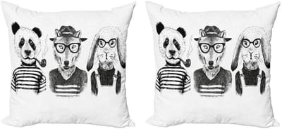 ABAKUHAUS Dier Kussenhoes Set (2-delige) – Hipster Panda/Sigaar Fox – Dubbelzijdig Digitaalprint – 40x40 cm – Zwart/Wit/Grijstinten