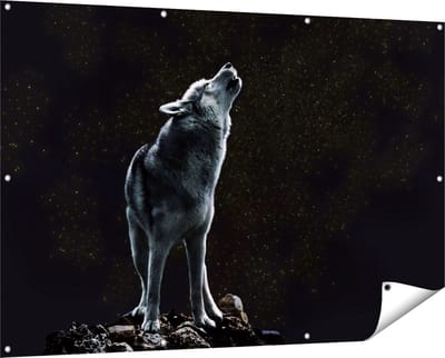 Gards Tuinposter Wolf Huilt naar de Volle Maan - 150x100 cm - Tuindoek - Tuindecoratie - Wanddecoratie buiten - Tuinschilderij