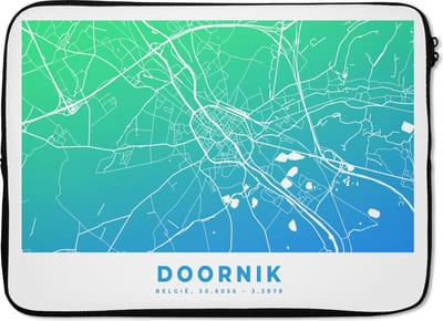Laptophoes 13 inch - Stadskaart - België - Doornik - Blauw - Laptop sleeve - Binnenmaat 32x22,5 cm - Zwarte achterkant