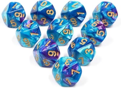 Mage 10D10 | Dice | Dobbelstenen - Set Van 10 Stuks - Parelmoer Blauw Paars met Gouden Cijfers | Polydice | D&D en Rollenspellen | Plastic Dobbelstenen Set voor Dungeons and Dragons | Polyhedral Dice Set | Zwarte Velvet Dice Bag voor Ongeveer 3 Sets