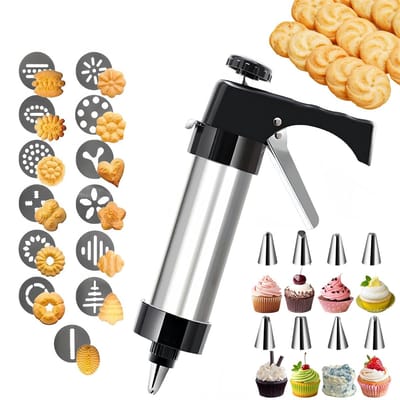carmdering - Koekjespers Pistool Set van roestvrij staal - Koekjesperspistoolset met 13 koekjesschijven en 8 spuitmondjes - Ergonomisch ontwerp - Voor het maken van koekjes en cake-glazuurframes - Bakbenodigdheden