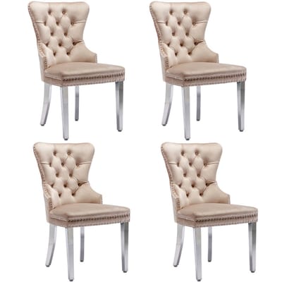 YEHTOKHOME Eetkamerstoelen Set van 4, Keukenstoel Woonkamerstoel met unieke deurklopper op de rugleuning, Gestoffeerde stoel met nagelkoppen, Metalen Poten, Fluwelen bekleding, Beige