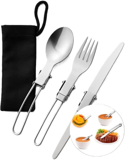 3-Delige Opvouwbaare Kampeer Bestek I Camping Bestek I Vork/Lepel/Mes I Picknick Bestek i Incl. Opberghoesje I Compact I RVS