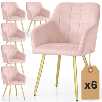 Set van 6 Eetkamerstoelen LUXANO met Armleuningen / Gestoffeerde Stoelen / Fluwelen Stoelen en Metalen Poten / Poederroze met gouden benen