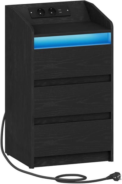 Nachtkastjes Set van 2 – Voor Slaapkamer – Bijzettafel met 3 Lades, Oplaadstation, 2 Stopcontacten en 2 USB-poorten, LED-Verlichting – Zwart