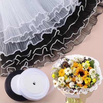 Dailygoods- Bloem Verpakkingspapier Luxe - Inpakpapier Rollen - Mesh Linten - Nepparels - 4 Yards - Schitterende Structuur - Cadeaupapier