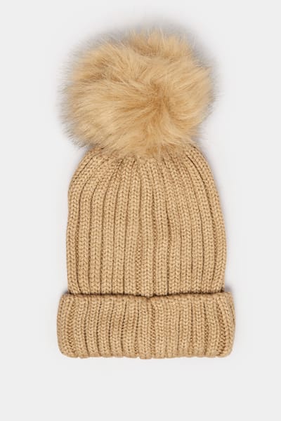 Yours Beige Bruine Imitatiebont Pompon Bobbelmutssize One Size