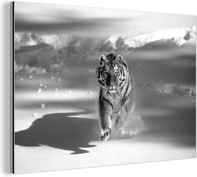 Wanddecoratie Metaal - Aluminium Schilderij Industrieel - Tijger - Jacht - Sneeuw - Zwart - Wit - 180x120 cm - Dibond - Foto op aluminium - Industriële muurdecoratie - Voor de woonkamer/slaapkamer
