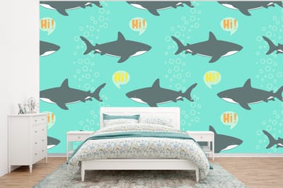 Behang - Fotobehang Patronen - Water - Haai - Jongens - Jongetje - Kind - Kids - Breedte 320 cm x hoogte 240 cm