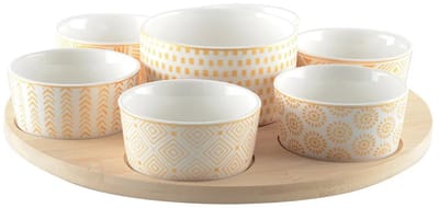 AULICA - Aperitief set van 7 kommen op ronde houten plateau - 30x30x7cm