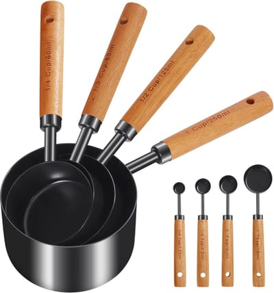 Famanu – Zwarte maatbekers en maatlepels set 8-delig met houten handvatten, metrische en Amerikaanse maten