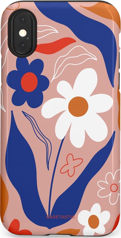 Casetastic hoesje geschikt voor Apple iPhone X / Apple iPhone XS - Dubbellaagse bescherming - Eenvoud in bloei - Fashion Case - Perzik Donkerblauw Wit