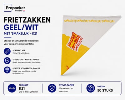 Frietzakken K21 - 50 Stuks - Geel/Wit 'Smakelijk' - Papieren Patatzakken - Vetwerend - Voor Snackbar, Horeca & Foodtruck | Propacker