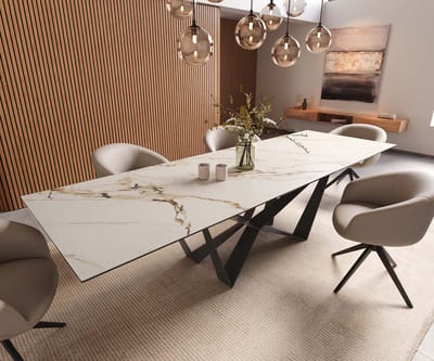 Eetkamertafel Edge keramiek Calacatta Luxe wit-goud-grijs 300x100 spider vlak staal zwart